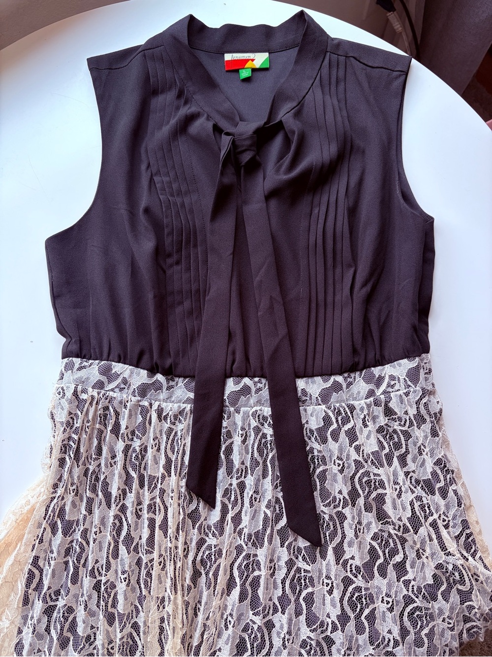 ModCloth Classy Pintucked Twofer Dress with Lace Skirt and Tie Neck, Like New!